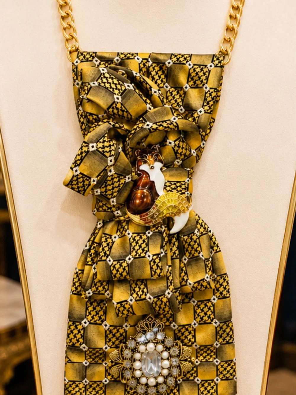One of a Kind Handcrafted 100% Silk Tie Necklace Brown Fox Wearable Art